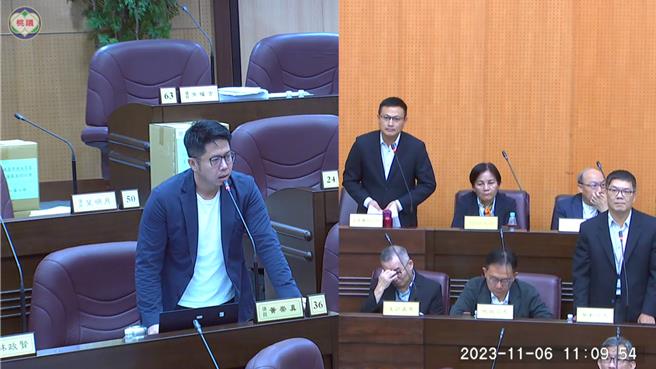 桃園市議員黃崇真6日質詢爆客家局發生集體霸凌，不但至少逼走2名公務員，還有股長自封代理科長私刻印章。(蔡依珍攝)