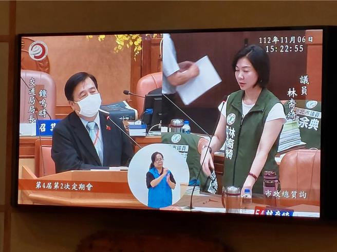 民进党新北市议员林裔绮（右）6日在议会总质询指，不少游客到九份游玩，却抱怨当地规定假日晚上8时前只有基隆客运能上山，其他游览车上不去，但基隆客运又有拖班、减班问题，导致游客下不了山。（陈慰慈摄）