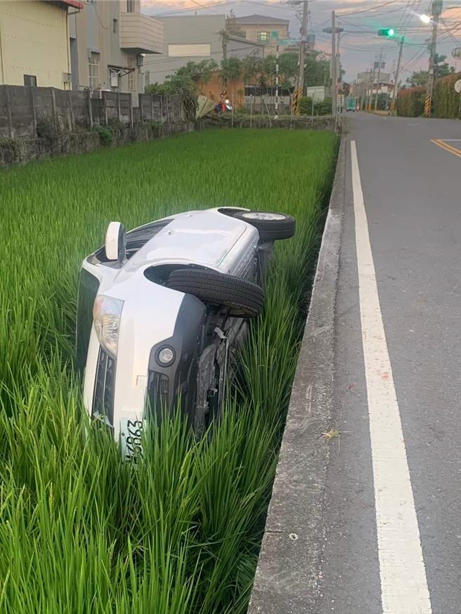据了解，开车的阿伯一早出门行经大村乡美港路时，疑似闪避从路边衝出的小猫咪，急着打方向盘才摔落一旁田中，所幸并无大碍。（翻摄脸书大村人／吴建辉彰化传真）