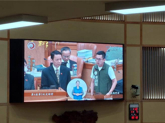 民进党新北市议员卓冠廷今（7）日在议会总质询批新北市绿地六都最低。（陈慰慈摄）