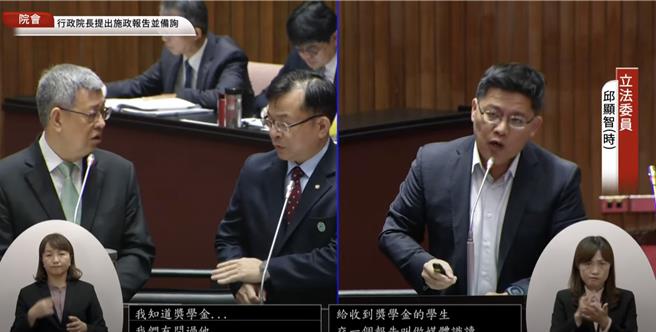 立委邱显智（右者）7日于立法院质询行政院长陈建仁（左一），要陈建仁请NCC一周内提出中嘉股权调查报告，对此NCC主委陈耀祥（左二）直呼，「要求院长这样的做法是违反法律」。（摘自国会频道／陈薏云台北传真）