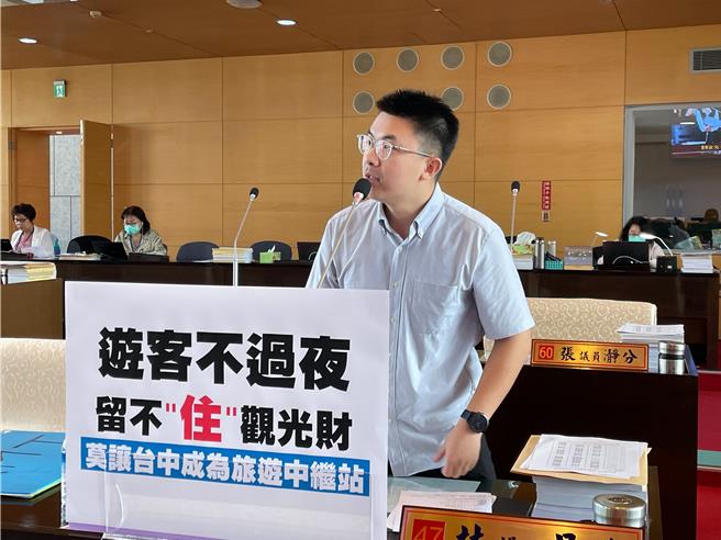 台中市議員林昊佑指出，台中有旅館平、假日價差4倍，「把旅客當盤子」。（張亦惠攝）