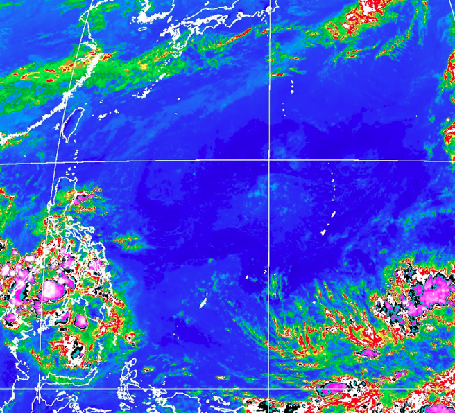 目前关岛附近有热带扰动发展，周五至下周二锋面、东北季风南下，北部、东半部变天。(翻摄自气象署)