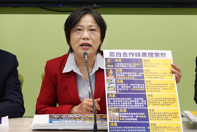 民进党立法院党团8日举行舆情回应记者会，党团干事长刘世芳指控蓝白合作抹黑国家队。（姚志平摄）