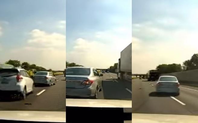 國道1輛轎車閃雙黃燈跨3線道橫移，過程中還差點被外線道大貨車撞上。（圖／翻攝自臉書爆料公社二社）