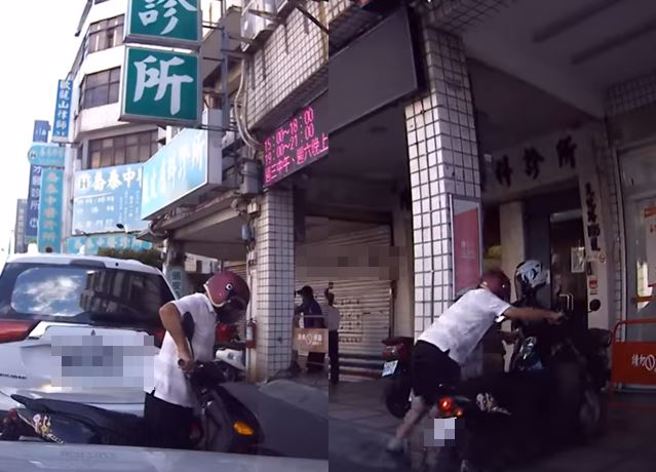 桃园有名阿伯因为要停车，不仅逆向还打算将机车停上骑楼，不料疑似油门催太凶，整辆机车衝上骑楼，还擦撞另1辆机车。（图／翻摄自脸书爆料公社二社）