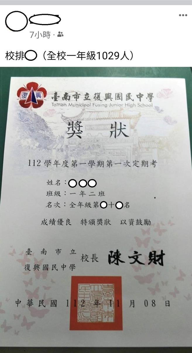 台南市復興國中公布學生校排成績，引發爭議。（全教產提供／林志成台北傳真）