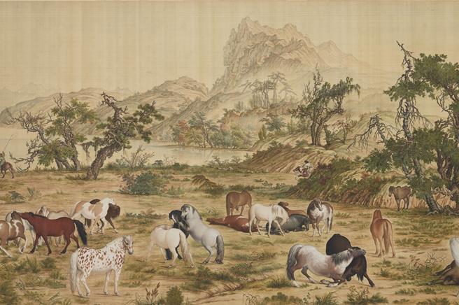 故宫南院「人气国宝展─拟真物象」主题展7日登场，郎世寧绘于雍正6年，西元1728的〈百骏图〉首度南下展出。（故宫南院提供∕吕妍庭嘉义传真）