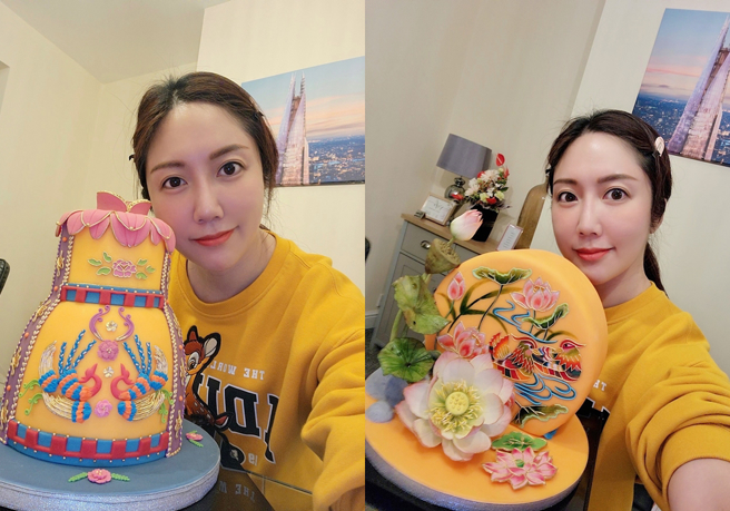 珍琳带着作品「妈祖凤袍」、「鸳鸯与荷花」参加英国翻糖比赛。（图／珍琳经纪人提供）