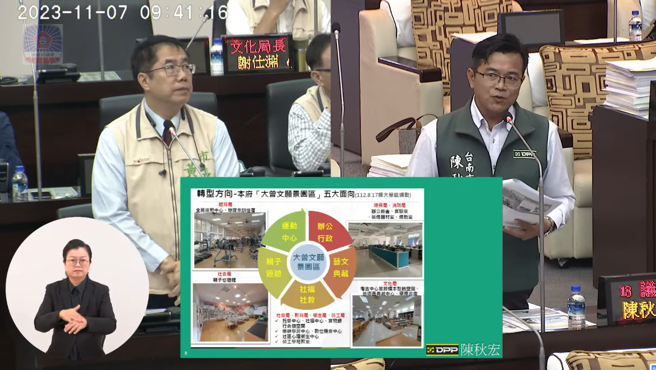 台南市議員陳秋宏質詢台首大校舍轉型最新進度。（圖片來源：台南市議會提供）