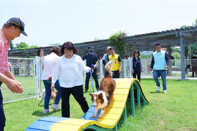 嘉义市首座宠物公园于今年5月在东区绿映水漾公园启用，市长黄敏惠带毛小孩练体力。（嘉义市政府提供／廖素慧嘉市传真）