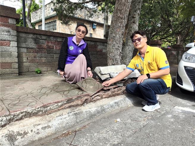 桃园大溪埔顶公园有20多年歷史，人行道路面破旧需改善，市议员陈治文（左）8日邀养工处会勘，决议将以实质人本规画改善人行道与周边景观。（蔡明亘摄）