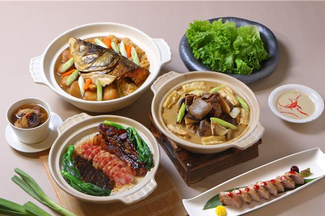 明宫粤菜厅推出什锦沙茶鱼头锅、双冬滋补羊腩煲和港式腊味煲仔饭等「秋冬进补」美馔，每份单点售价480元加1成起。（台北老爷大酒店提供）
