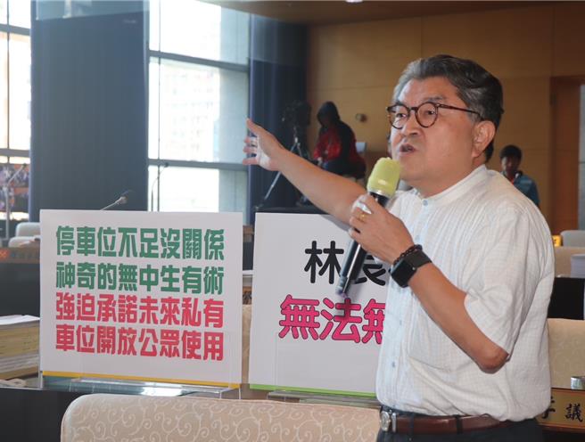 台中市議員李中今天怒批前交通局長林良泰利用擔任都市設計等委員的身分，把交通影響評估審核當工具，威脅開發商一定要做於法無據的「共享停車位」。（李中提供／張亦惠台中傳真）