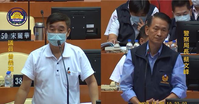 屏東縣議員曾義雄8日在議會質詢警察局長蔡文峰「沒事幹了嗎」，他質疑，為何要在警力吃緊的狀況下，還要多派人力去取締輕微的閃紅燈違規，根本就是擾民。（翻攝畫面／謝佳潾屏東傳真）