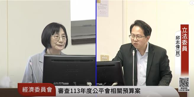 民進黨立委邱志偉（右）9日在立院經濟委員會詢問公平交易委員會，近期重要民生物價是否有聯合哄抬價格異常現象？左為公平委員會主委李鎂。（摘自國會頻道／陳薏云台北傳真）