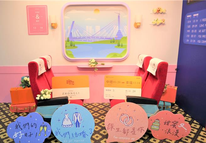 中坜户政所打造爱旅列车，供登记结婚新人拍照留念。（中坜户政所提供／吕筱蝉桃园传真）