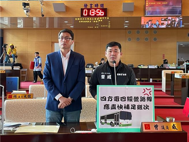 台中市议员曾威、林德宇要求市府说明目前四方客运公司状况。（张亦惠摄）