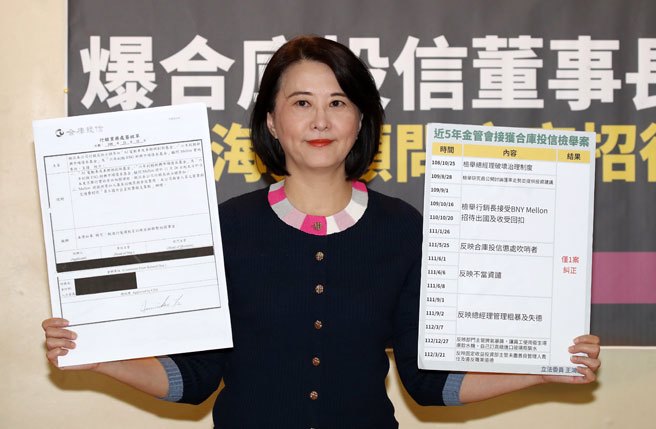 立委王鸿薇（图）9日举行「合库投信董事长接受海外顾问厂商招待」记者会。（刘宗龙摄）