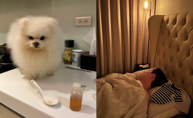 敖弟生病、敖犬睡觉会放狗狗的衣服一起睡觉。（图／发发 IG）