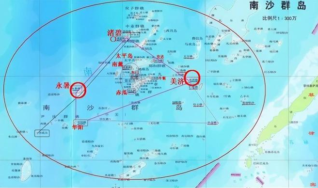 目前由中共控制美济礁、渚碧礁和永暑礁上，都有功能完善的军事基地，这3个岛礁也正好把目前有台湾军队驻守的太平岛包围在中间。（图／网易新闻）