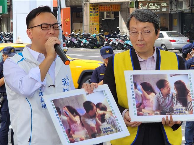新黨立委參選人游智彬秀出照片，指控民進黨組織推廣部主任林正鴻頻繁出入風月場所、流連酒家。（游智彬提供）