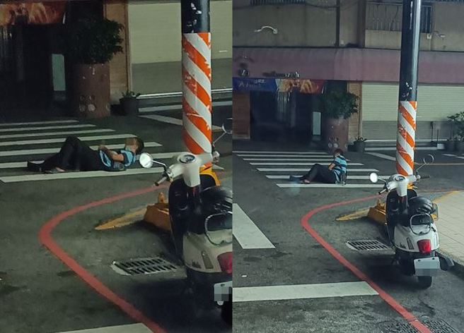 有名中年男子不明原因躺在斑馬線上，詭異的行為讓質疑是不是「碰瓷」。（圖／翻攝自臉書爆怨公社）