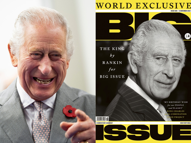 右：白金汉宫11月10日公布英国着名摄影师兰金（Rankin）为查尔斯拍摄，出现在《大志》（The Big Issue）杂志上的特写照。左：查尔斯9日在伦敦笑容可掬的会见来自犹太难民协会的「难民儿童救援行动」（Kindertransport）难民。（美联社）