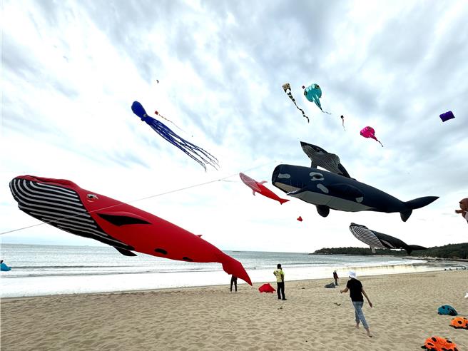 现场20几只各式造型风筝同时升起，瞬间布满整个海湾的天空超吸睛。(于家麒摄)