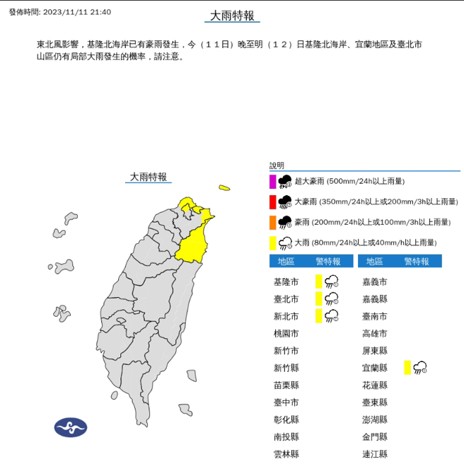 气象署指出，晚间基隆北海岸已有豪雨情形发生。(图／气象署)