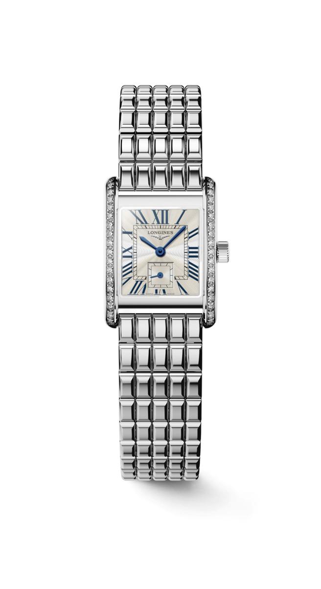 浪琴表MINI DOLCEVITA迷你多情系列flinque面盘不锈钢镶钻款腕表，13万1300元。（LONGINES提供）