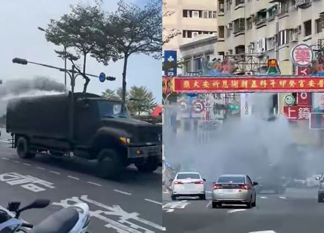 台南街頭有民眾拍到軍卡狂噴黑煙，他也不禁感嘆表示「這樣的車，可以上路？」。（圖／翻攝自臉書爆料公社公開版）