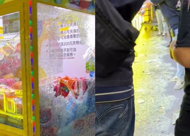 男子因不满妻往生后，前老板不闻不问，也没有送花圈致意，便心生不满至娃娃机店砸机器。（图／翻摄自社会事新闻影音）