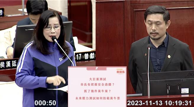 大巨蛋预备赛衍生黄牛票问题，台北市议员秦慧珠担心，预备赛为免费索票，恐不合社维法开罚标准。（摘自台北市议会直播）