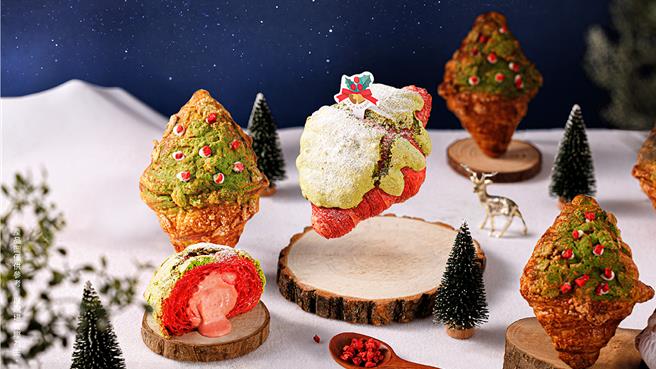 「八月堂」推出全新「高顏植系」圣诞新品「杏仁圣诞树可颂」及「圣诞红草莓可颂」，预计11月17日全台门市开卖。(八月堂提供)