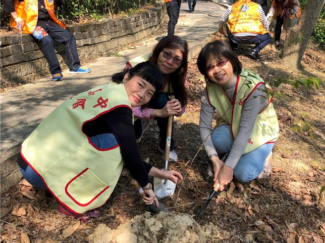 金熊级中和区中和高中结合家长志工种植树木，为学校增加绿化面积。（新北市环保局提供）