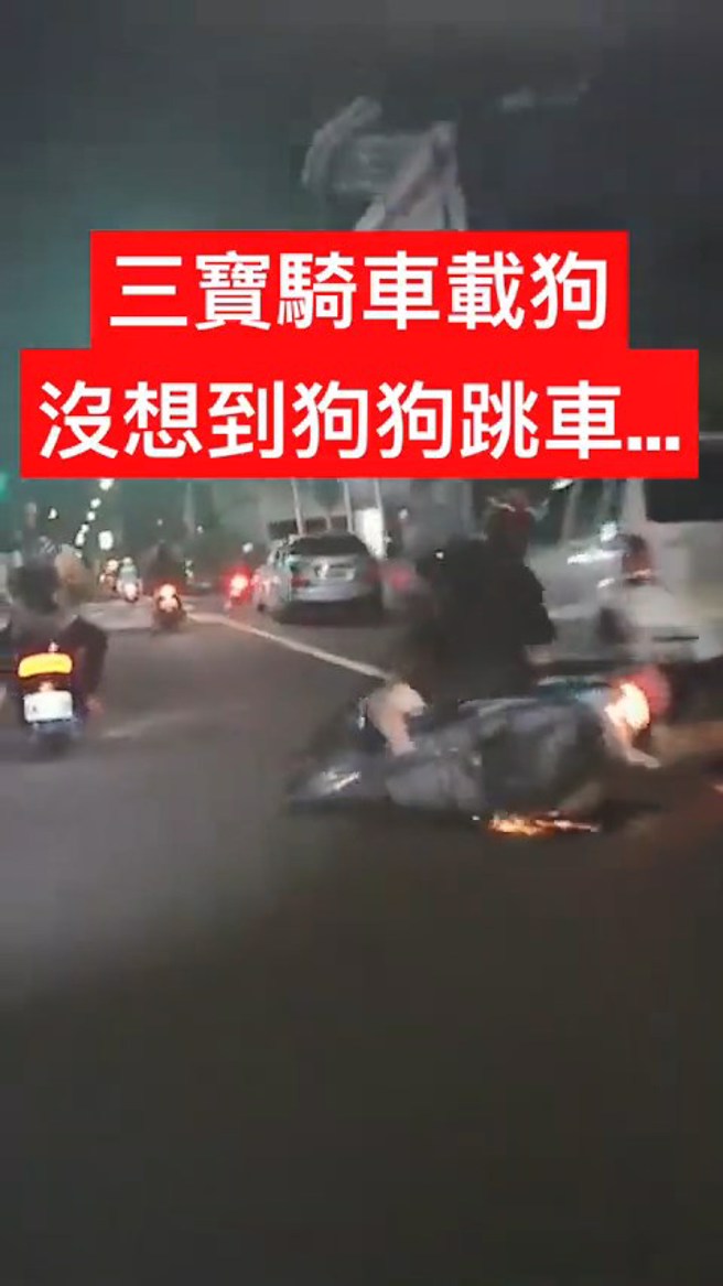 狗狗跳車後，因為牽繩綁在後照鏡，造成狗主人也跟著摔車。（翻攝爆料公社）