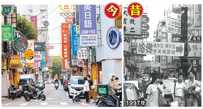 台北市南阳街补习班兴盛时期（右图，本报资料照片），学生总数超过10万人，有些补习班达万人，一到下课人多到快走不动。现在的南阳街（左图，陈信翰摄）补习人数大减至2500人，补习街已变成饮料、小吃及饰品街，风光不再。