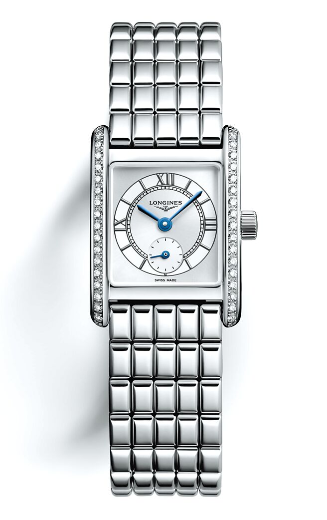 浪琴表MINI DOLCEVITA迷你多情系列Cosmo面盘不锈钢镶钻款腕表，13万1300元。（LONGINES提供）
