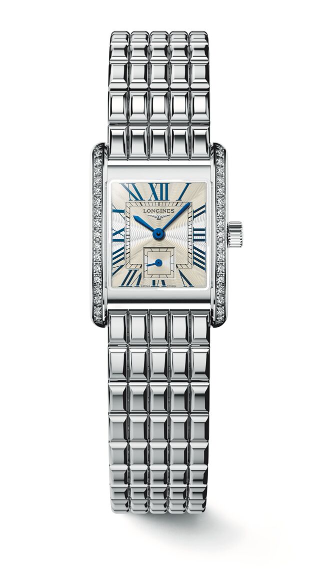 浪琴表MINI DOLCEVITA迷你多情系列flinque面盘不锈钢镶钻款腕表，13万1300元。（LONGINES提供）