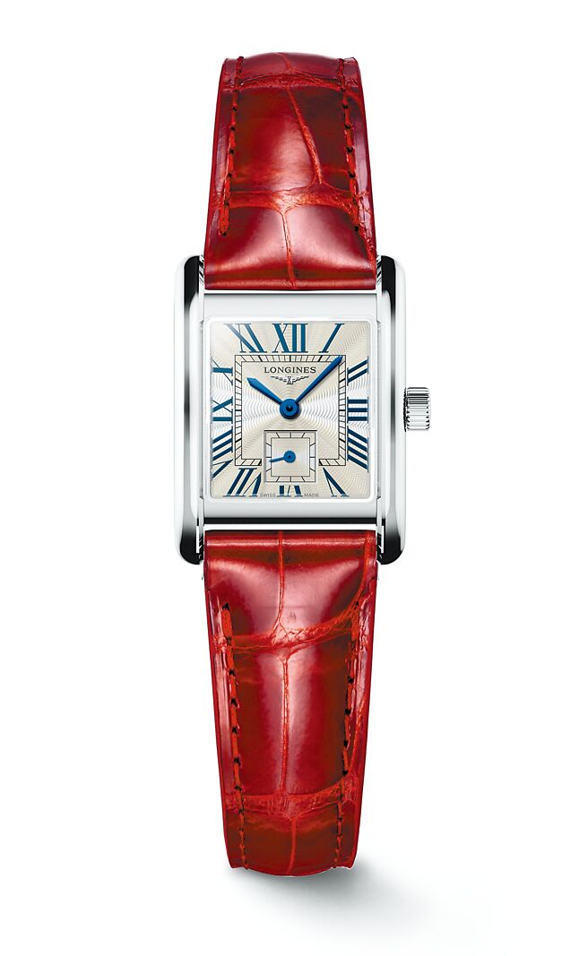 浪琴表MINI DOLCEVITA迷你多情系列flinque面盘不锈钢腕表，红色鱷鱼皮表带款5万3400元。（LONGINES提供）