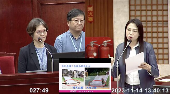台北市议员阙枚莎表示，有民眾在明美公园抱孙子溜下滑梯时，造成胸椎压迫性骨折。（摘自北市议会直播）
