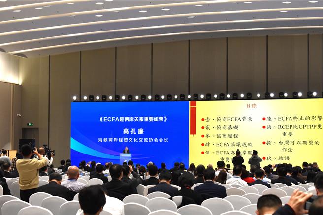 前陆委会副主委、海峡两岸经贸文化交流协会（海贸会）会长高孔廉14日于南京出席两岸企业家峰会并发表主题演讲。（陈冠宇摄）