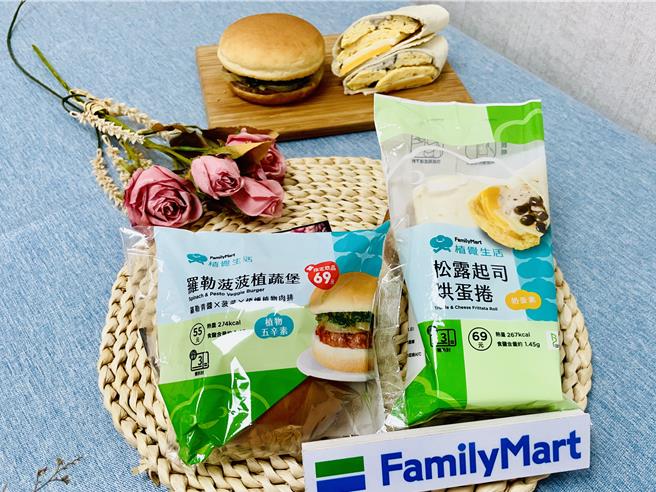 全家「羅勒菠菠植蔬堡」以煙燻植物肉排堡與青醬黑胡椒炒菠菜組成；「松露起司烘蛋捲」以濃郁蕈菇白醬搭配黑松露醬、黑美人菇與滑嫩烘蛋。（全家提供／朱世凱台北傳真）