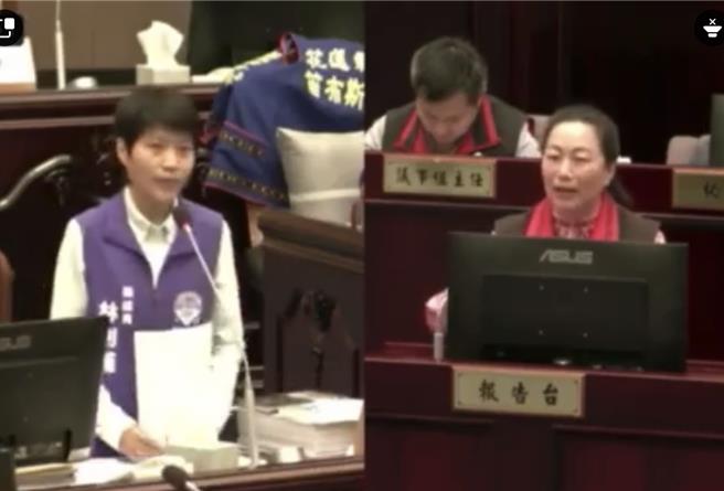 民进党县议员林则葹（左）就65岁长辈健保费免费提出质询，认为县长徐榛蔚（右）推托，两人言词交锋。（翻摄画面）