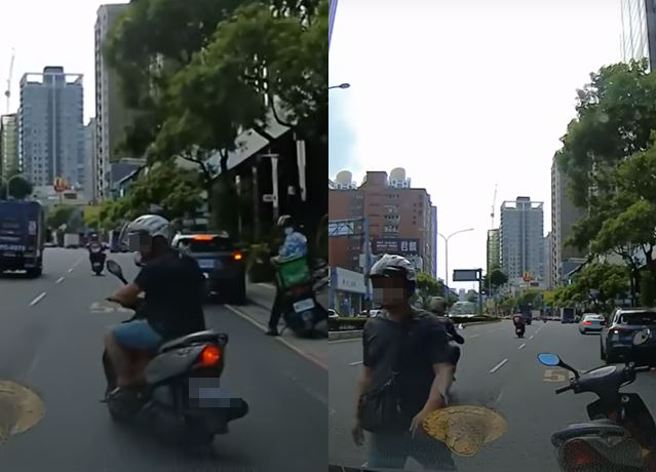 有騎士硬鑽被按了喇叭，竟然當街攔車並且和對方打吵，直到對方喊要叫警察竟溜了。（ 圖／ 翻攝自「WoWtchout-地圖型行車影像分享平台」）