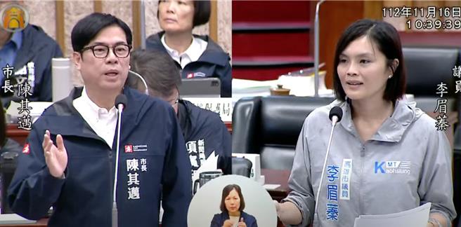 高市议员李眉蓁提及，侯友宜的少子化教育政策很讚，孩子自己带或送到私立机构月领津贴1万，她问陈其迈是否支持这样相关政策？（柯宗纬翻摄）