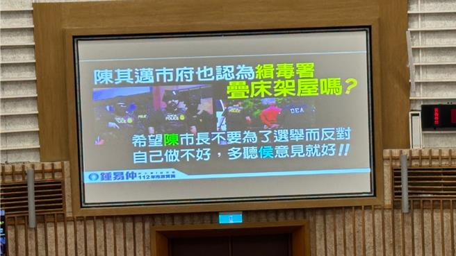高市议员锺易仲也提到，侯友宜抛出的成立缉毒署政见，认为侯对缉毒很有经验，希望陈市长不要为了选举而反对，自己做不好，就多听侯意见。（柯宗纬摄）