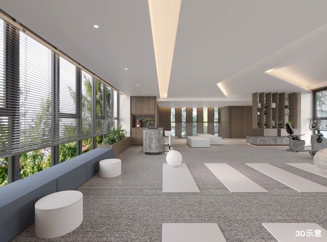 青鸟之森健身房位在独栋公设的3楼，恰巧在树冠与树梢的视觉高度，让住户在健身之余，也能感受满满绿意。(图为3D示意图/业者提供)