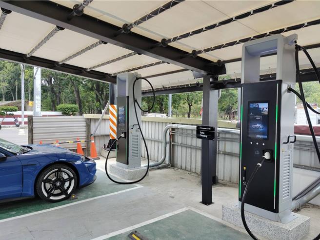 充電樁廠商馳諾瓦科技今日宣布，與台灣保時捷合作建充電站，預計明年底前完成10到12座超級快充站，充電樁配有21.5吋觸控銀幕。（馳諾瓦科技提供）